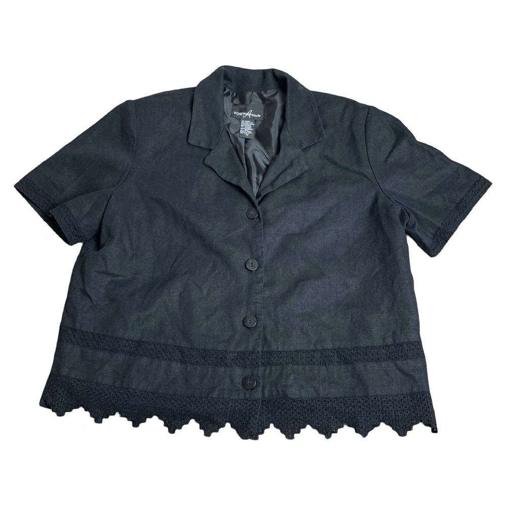 80s Black Lace Trimmed Cropped Button-Down Blouse Size L